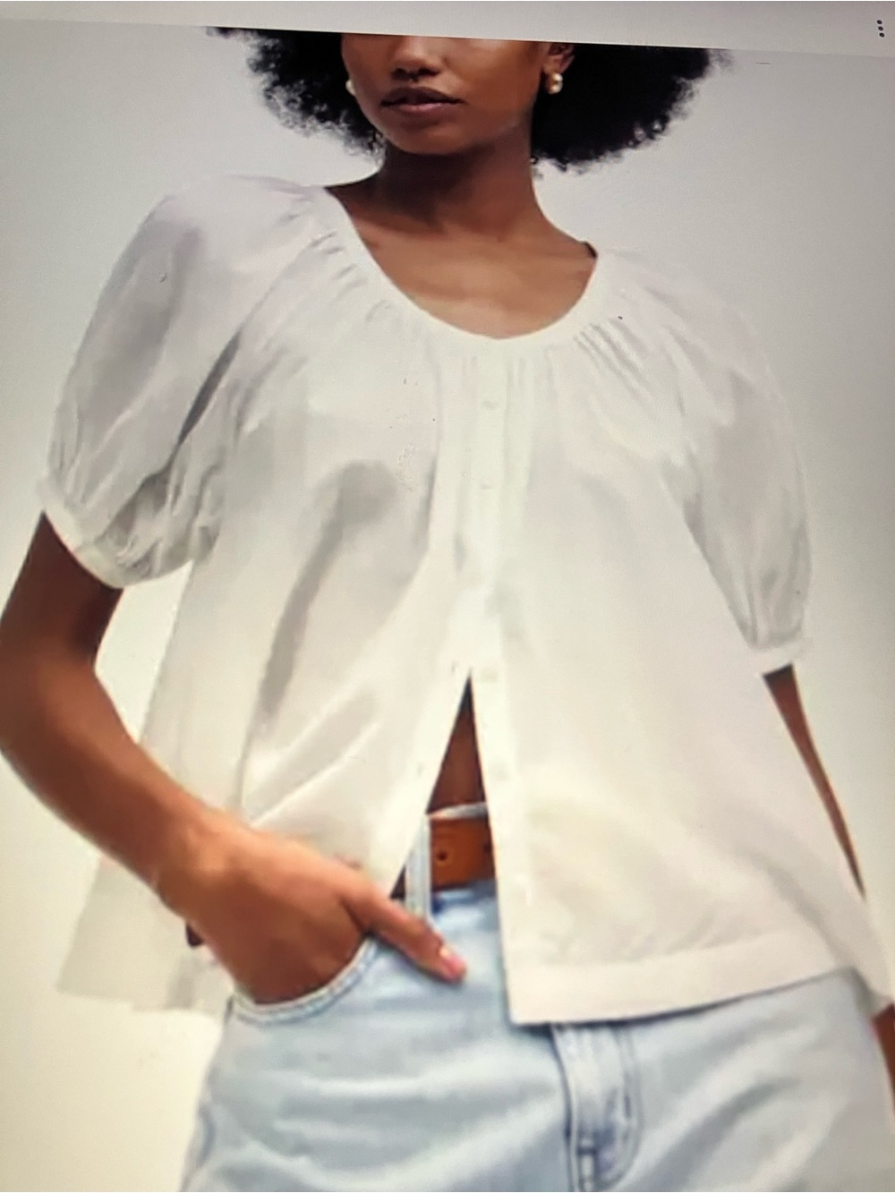 Cynthia Rowley White Puff-Sleeve Button Down Blouse linen Relaxed Shirt